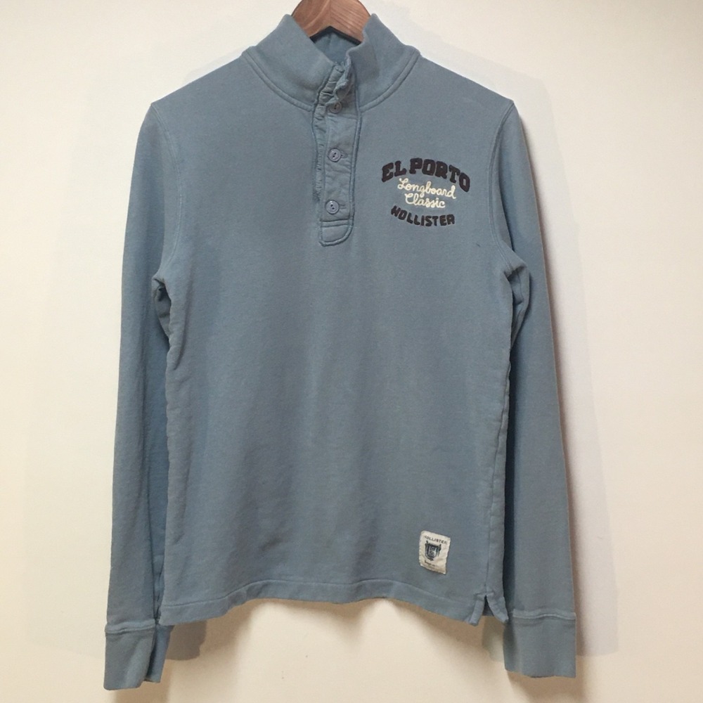 Hollister Men M Sweatshirt Blue Henley Embroidered Surfer Shirt Cotton Beach